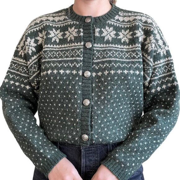 Vintage 90s Womens Olive Green Eddie Bauer Fair Isle Christmas Wool Cardigan - Picture 5 of 8